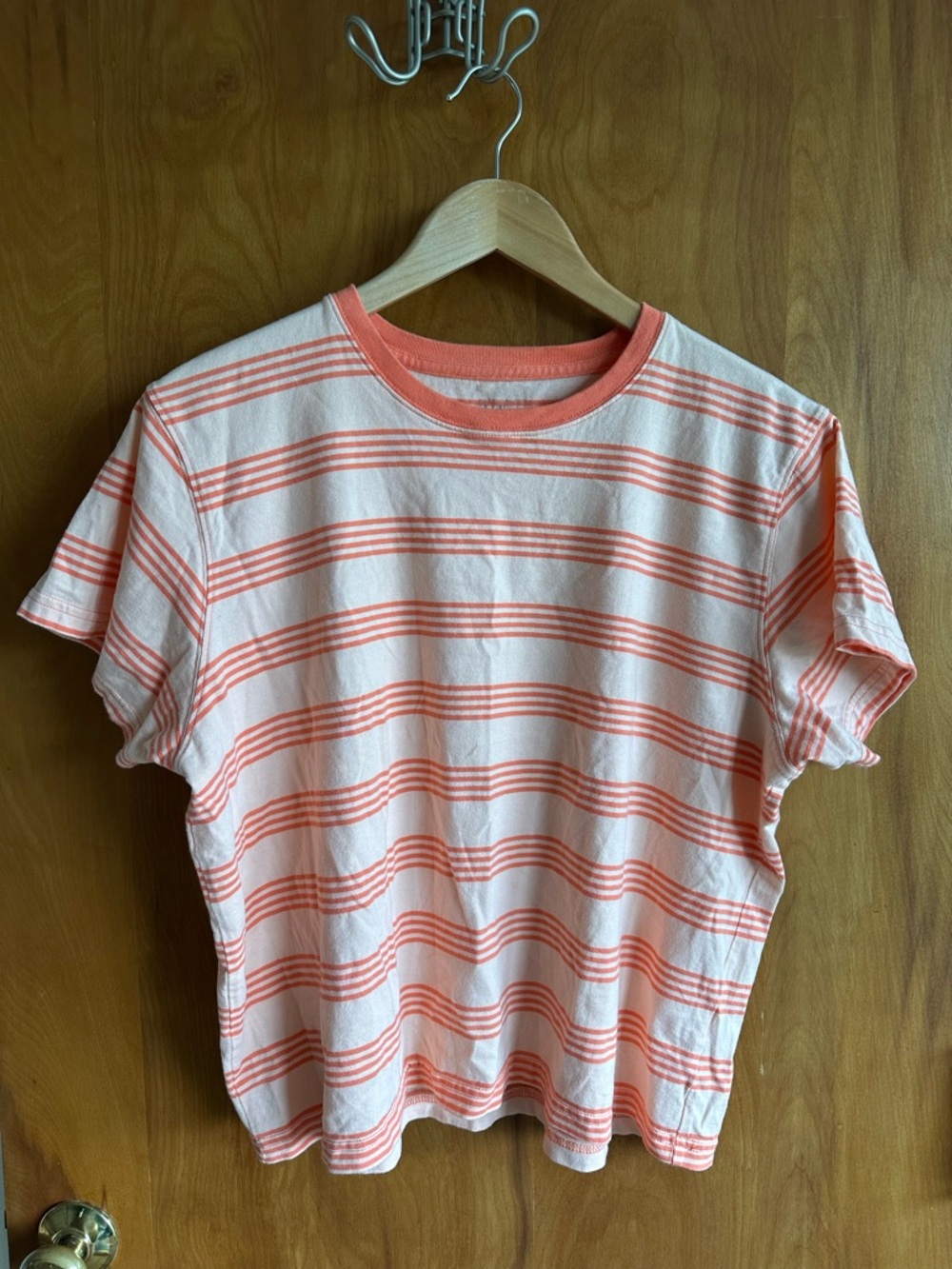 L.L. Bean Coral and White Striped Crewneck Tee size Large